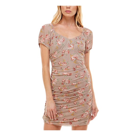 NO COMMENT Womens Beige Stretch Ruched Crochet Trim Lined Pullover Floral Short Sleeve Sweetheart Neckline Short Body Con Dress S