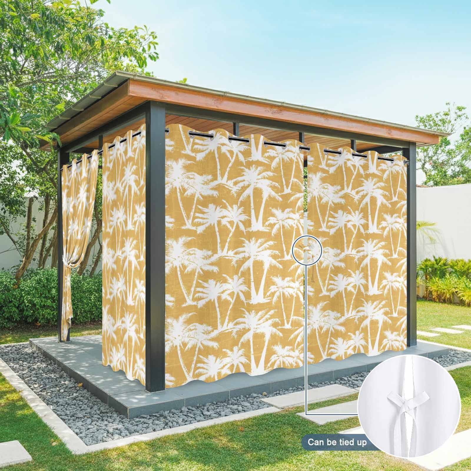 Yellow Palm Tree Outdoor Curtains for Patio, Summer Tropical Country Vintage Silver Tree Leaf Sunshade Privacy Drapes Grommet Waterproof Outside Curtains for Porch/Cabana/Balcony 54"x 108", 1 Panel