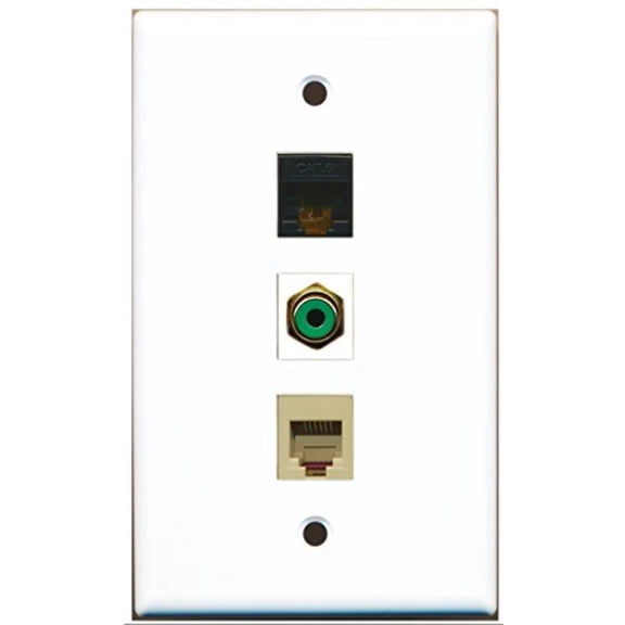 RiteAV - 1 Port RCA Green and 1 Port Phone RJ11 RJ12 Beige and 1 Port Cat6 Ethernet Black Wall Plate