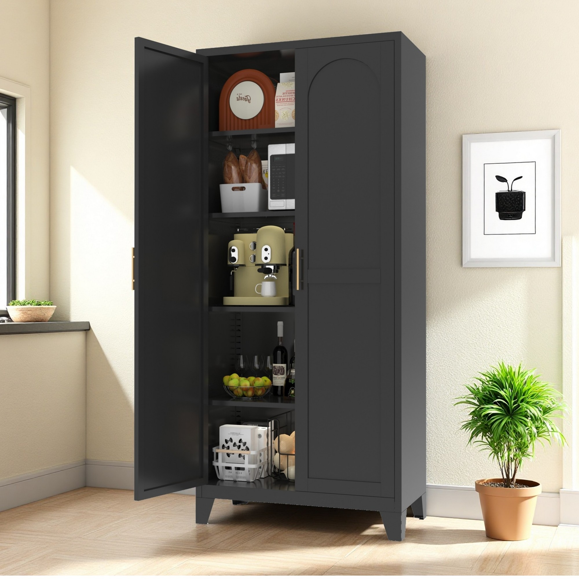 HOQBN 71 Inch Metal Storage Cabinet with 2 Doors,Tall Steel Cabinet with Adjustable Shelves,Freestanding Floor Storage Cabinet for Bedroom,Living Room,Kitchen,Office,Pantry,Black