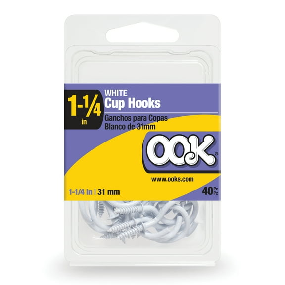 OOK White Cup Hooks, 1.25", Screw-in Cup Hooks, Steel with Vinyl Finish, 1lb, 40 Pieces