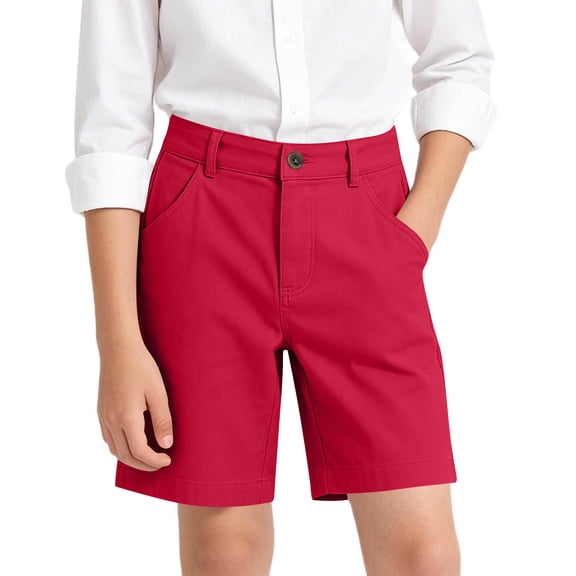 Babcutegg Boys' & Girls' Flat-Front Chino Shorts – Kids Uniform Twill Shorts with Pockets, Casual Solid Color Shorts for School & Daily Wear, Ages 5-16 Red Size 14