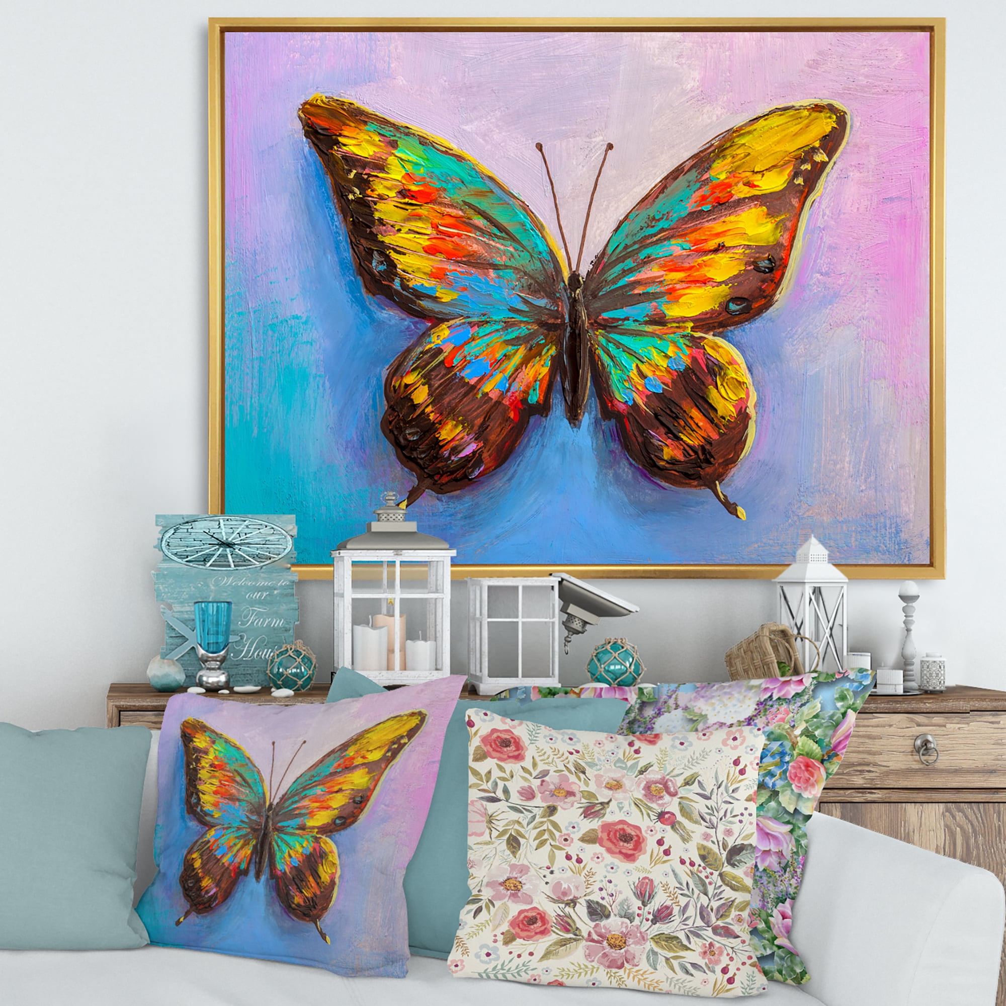 Designart 'Beautiful Butterfly In Orange and Turquoise' Modern Framed Canvas Wall Art Print