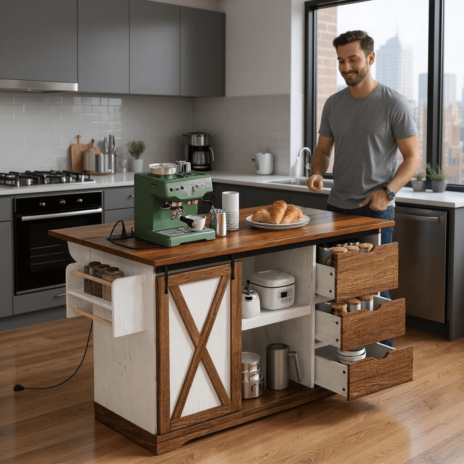 Homy Casa 55.5" Farmhouse Kitchen Island with Drop Leaf, Power Outlets, 3 Drawers, Shelves & Spice Rack