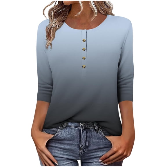 Zwiiyzr Women's T-Shirt 3/4 Sleeve Crew Neck Button Loose Tops Gray (2XL)