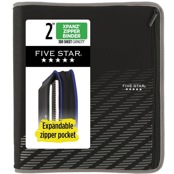 Five Star Xpanz Zipper Binder, 2" Round Rings, 380 Sheets, Gray (28090HX9)