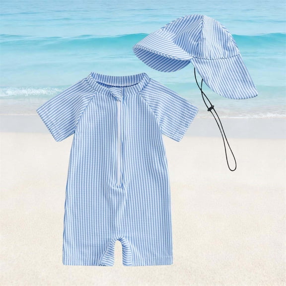 hengsof Toddler Baby Boys Short Sleeve One Piece Rash Guard Swimsuit Zipper Bathing Suit Swimwear with Hat
