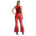 thumbnail image 2 of Womens Dance Leotard Shiny Rhinestone O-Ring Front Tiered Bell-Bottom Bodysuit for Disco Party Red S, 2 of 7