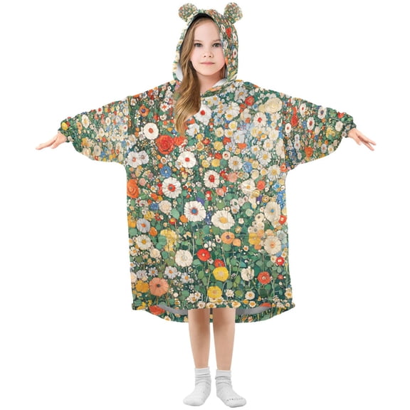 FORMRS Wearable Blanket Hoodie with Sleeves for Kids Cozy Flannel Sweatshirt, Beige Floral Garden