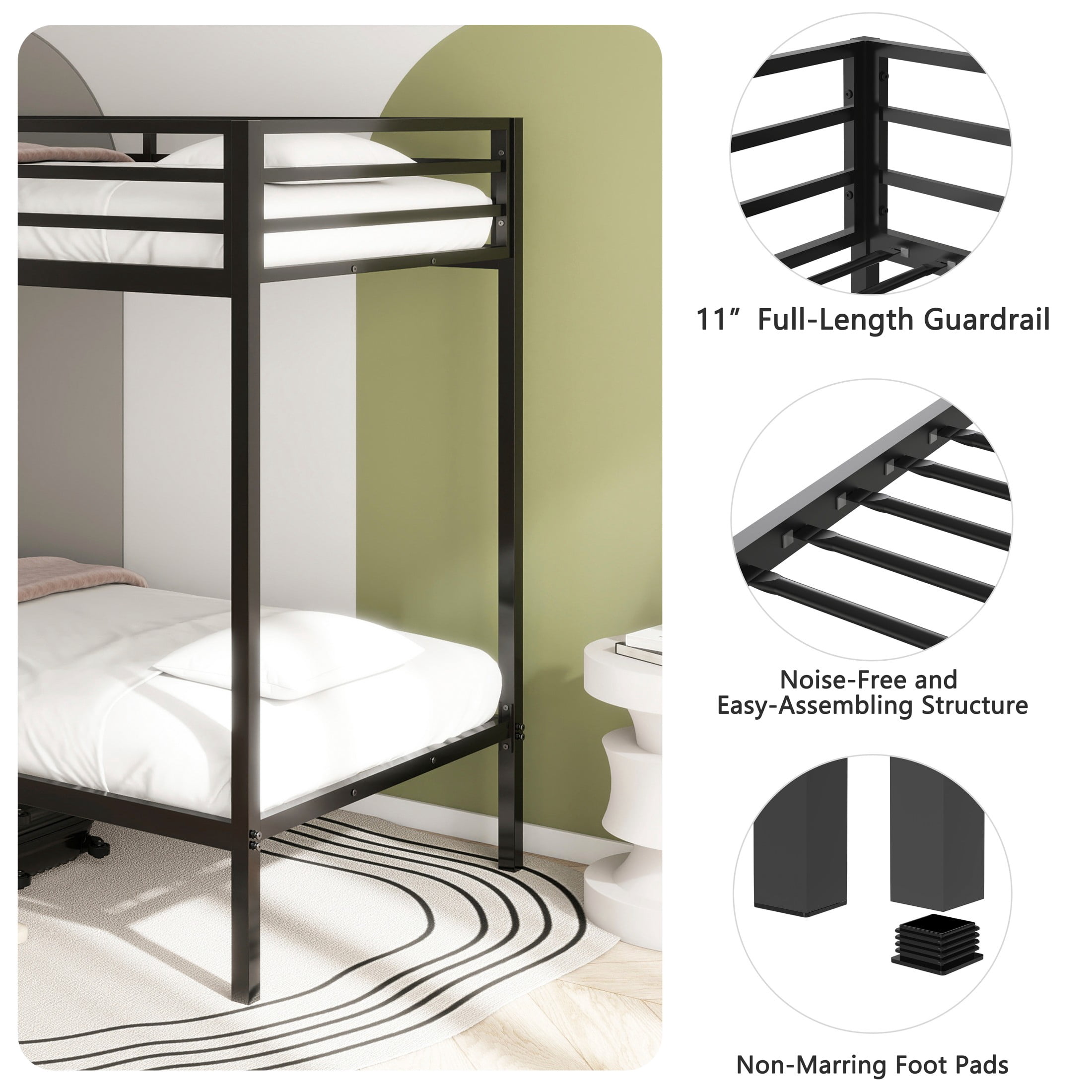 Aukfa Twin over Twin Metal Bunk Bed with Guardrails and Reversible Ladder for Kids, Black