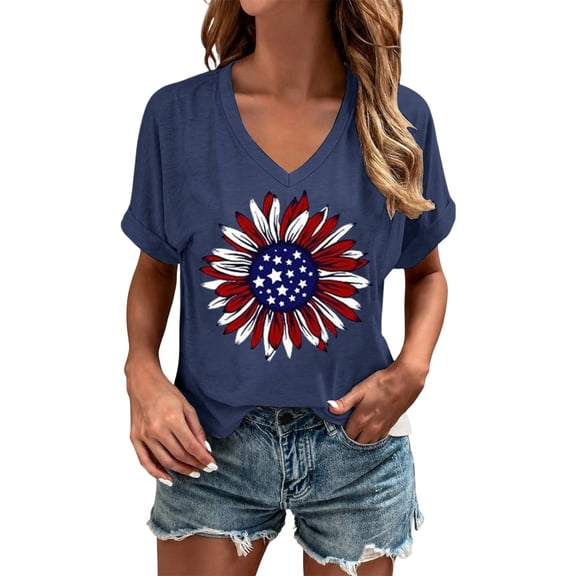Womens T Shirts Summer Tops Casual Print V Neck Short Sleeves Clothes