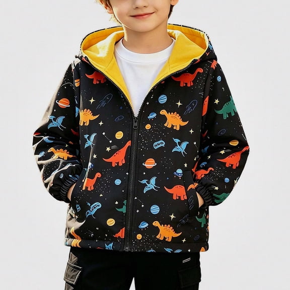 DJDLJWCJ Boys Fleece Lined Hooded Jacket Printed Zip Up Windbreaker Coat Fashion Winter Warm Jacket Multicolor Size 12M