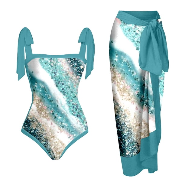 MKLEKYY Trajes De Baño Mujer Control Abdomen Women Vintage Abstract Floral Print 1 Piece Swimwear+1 Piece Cover Up Two Piece Vintage Print Swimsuit Monokini Bikini 2 Piece Swimsuits Two Piece 1554
