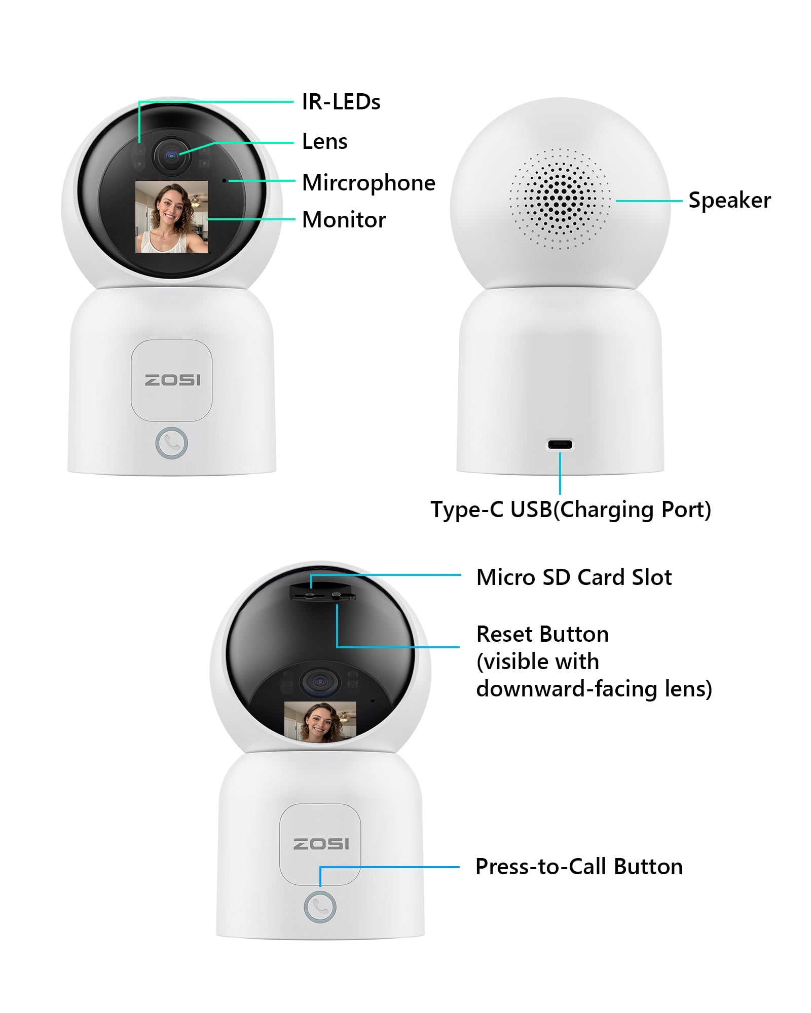 WiFi Baby Monitor, ZOSI C519M 4MP Smart Wifi Security Camera with 2 Way Audio, Instant Call; 4Pcs Cam; Gesture Detection; Person Detection