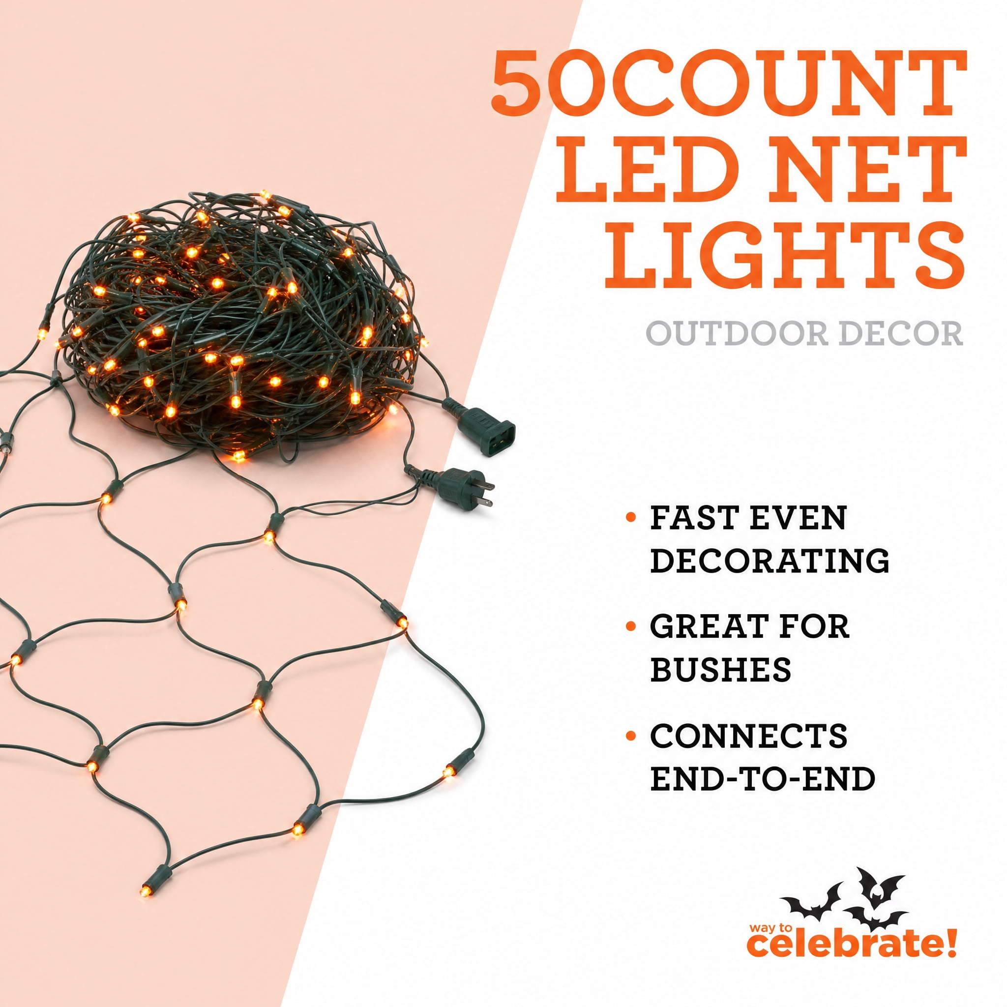 Indoor/Outdoor 50-Count LED Net Lights, Orange, 4' x 4', Halloween by Way To Celebrate
