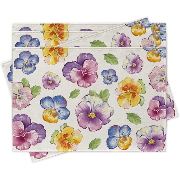 Spring Summer Floral Flower Placemats Set of 4, Watercolor Pansy Leaves Dining Place Mats Table Decor, Seasonal Home Kitchen Decoration 12 x 18 Inch