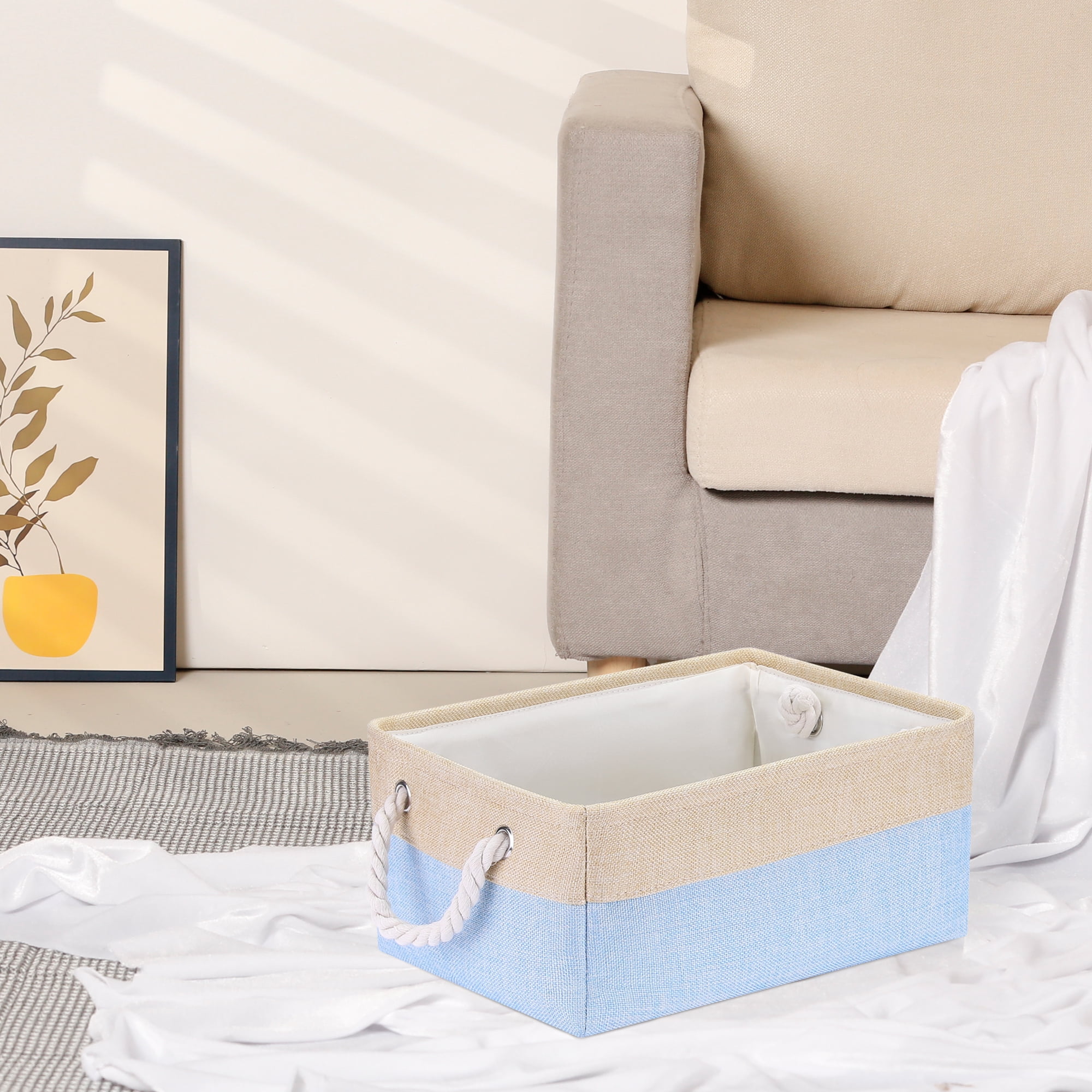 Unique Bargains Storage Bin with Handle Fabric Cube Light Blue/Brown 14*10*6.5in