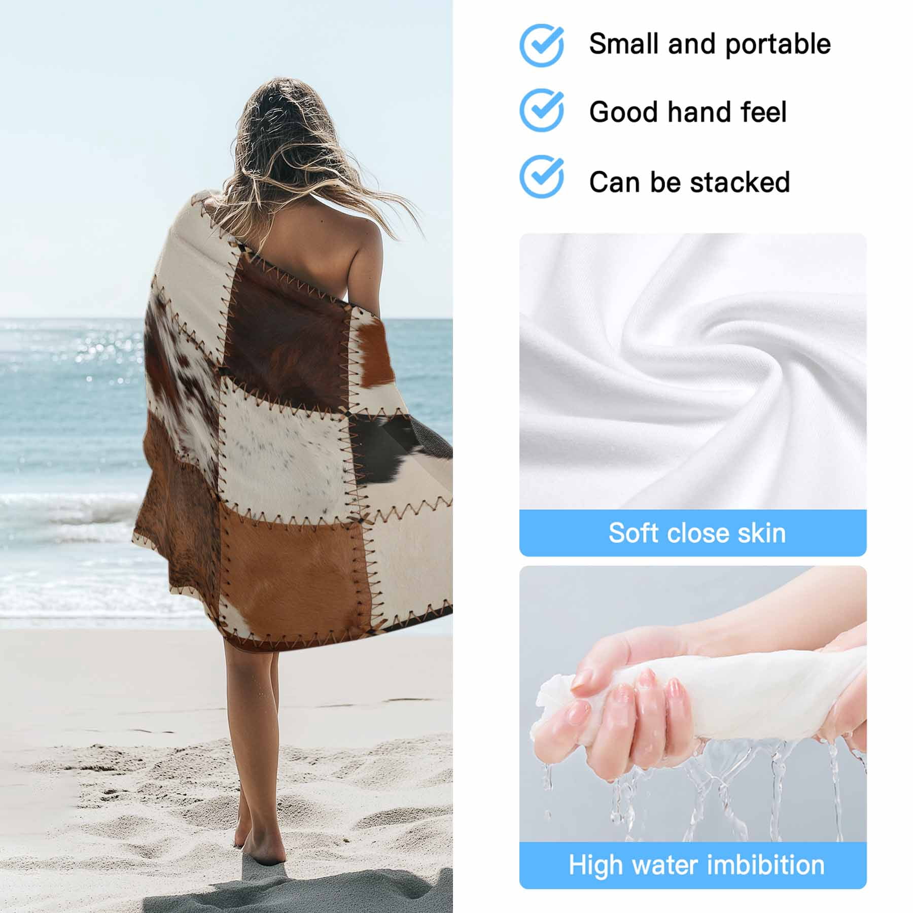 Beach Towel Cowhide Bath Pool Towels Cow Fur Print Animal Skin Brown Absorbent Beach Towel Soft Large Quick Dry Lightweight Camping Travel Sports Yoga Gym Swim Towels for Adult 35x70 Inch