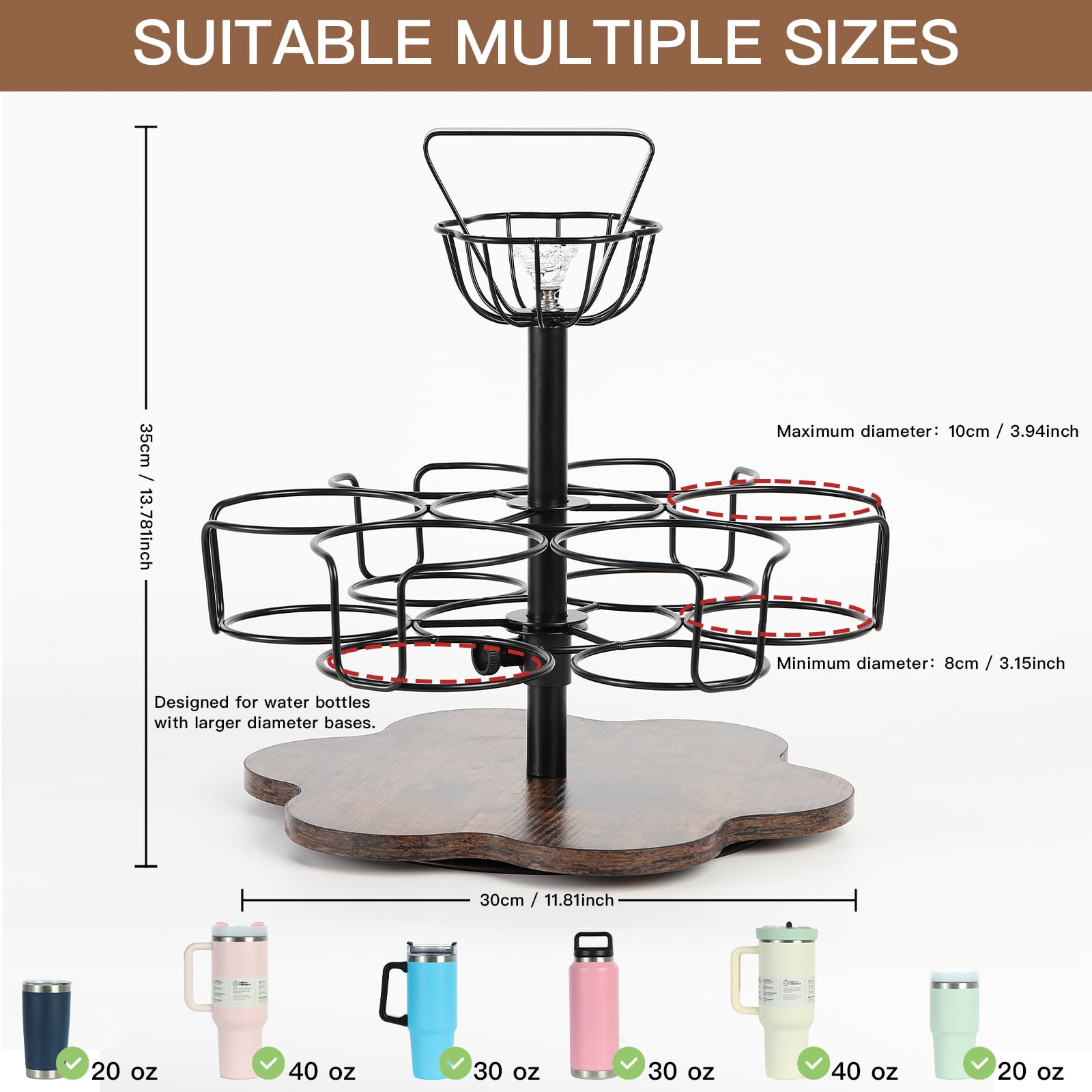 Water Bottle Organizer for Stanley&Yeti, Rotating Stanley Cup Organizer Holder with 6 Slots for 20-40oz, Tumbler Holder Organizer, Stanley Cup Accessories (Brown)