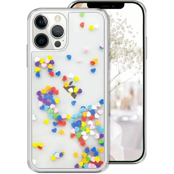 Compatible with iPhone 13 Pro Max Quicksand Bling Case Luxury Colorful Heart Glitter Flowing Clear Shockproof Protective Sparkle Cover for Girly Girls Women