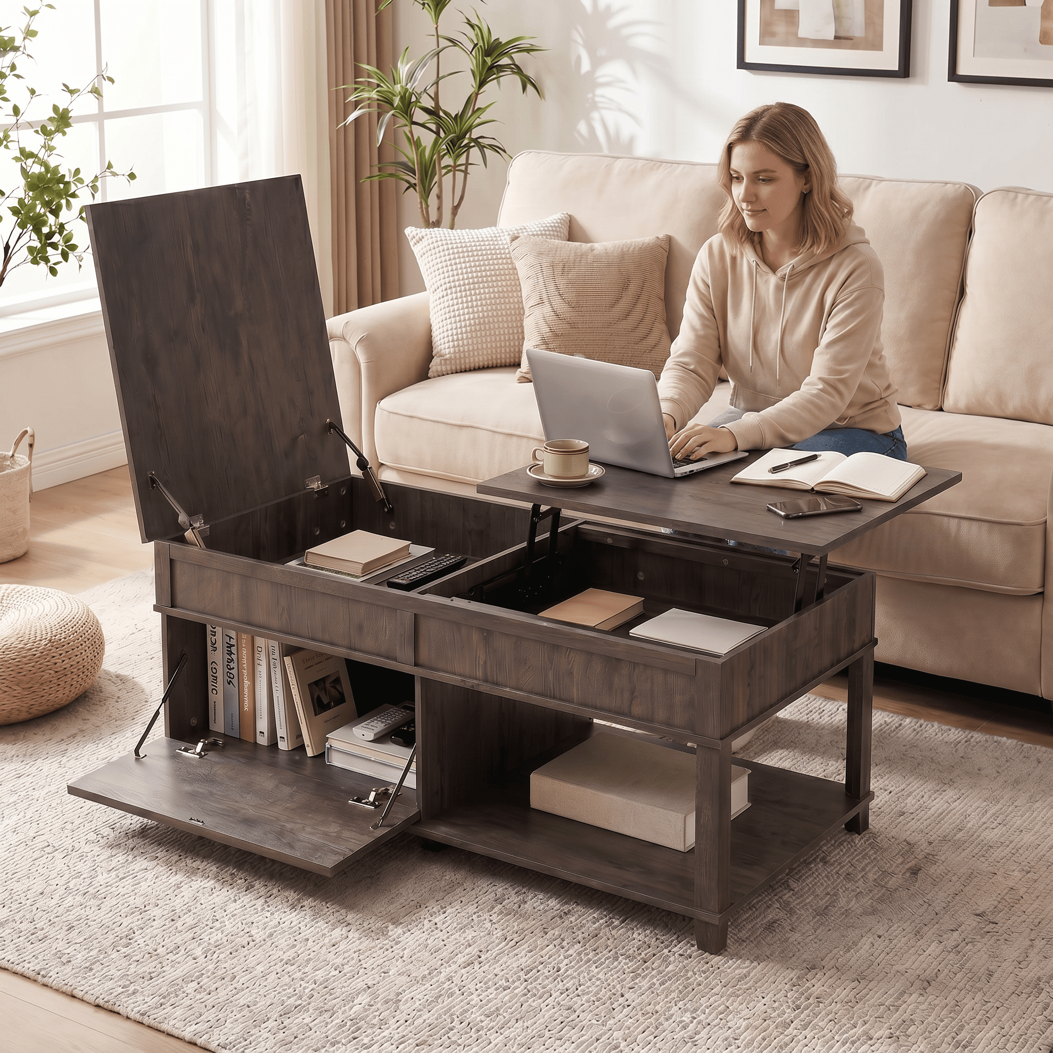 Homy Casa 46.9 in Lift Top Coffee Table with Hidden Storage for Living Room Dark Brown