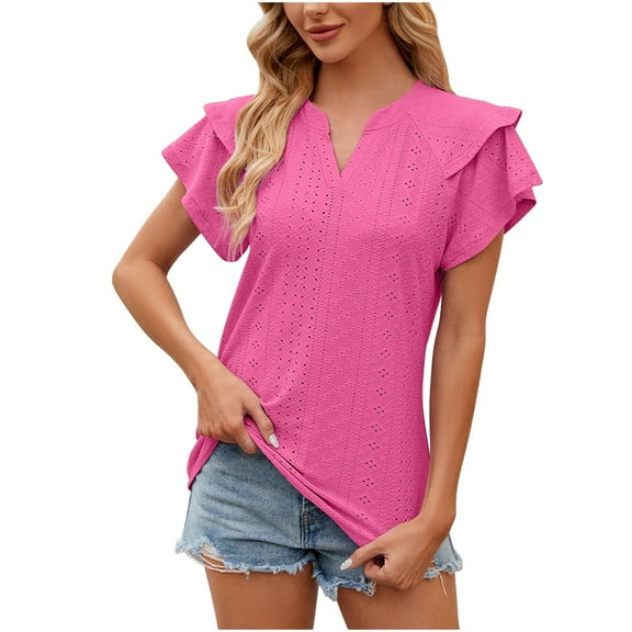 MIANHT Womens Short Sleeve Shirts Solid Color Round Neck T-Shirts with Pockets Spring Summer Loose and Comfortable Tops