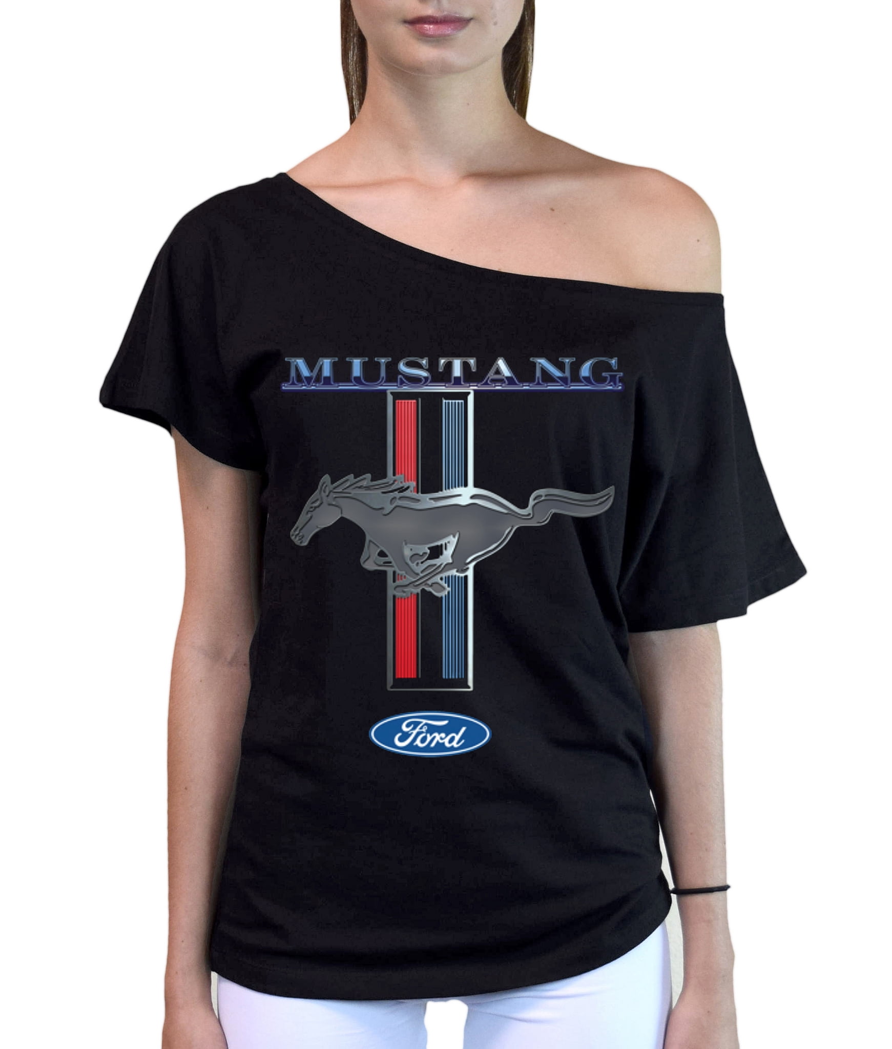 Junior's Ford Mustang Classic Logo Black Off-Shoulder T-Shirt Medium ...