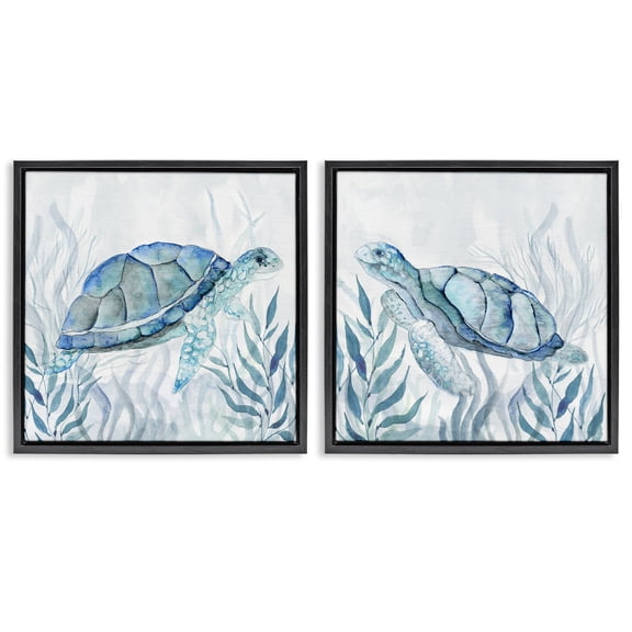 Stupell Industries Subtle Smiling Sea Turtles 2 Piece Black Framed Floater Canvas Set, design by Janet Tava