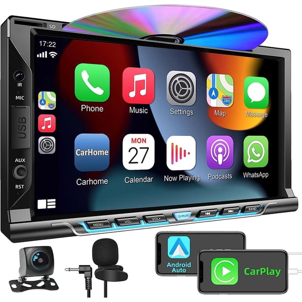 Estéreo para automóvil de doble DIN con reproductor de CD/DVD: CarPlay y Android Auto, audio para automóvil con Bluetooth, pantalla táctil HD de 7 pulgadas, cámara trasera, USB/TF/AUX, subwoofer, rece