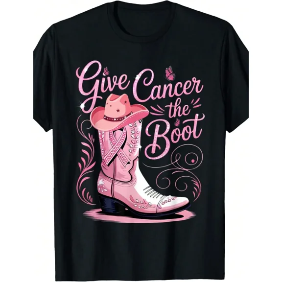 Pink Cowboy Boot Give Cancer The Boot Breast Cancer Awareness Graphic Cotton Men's Women's Tee Shirt