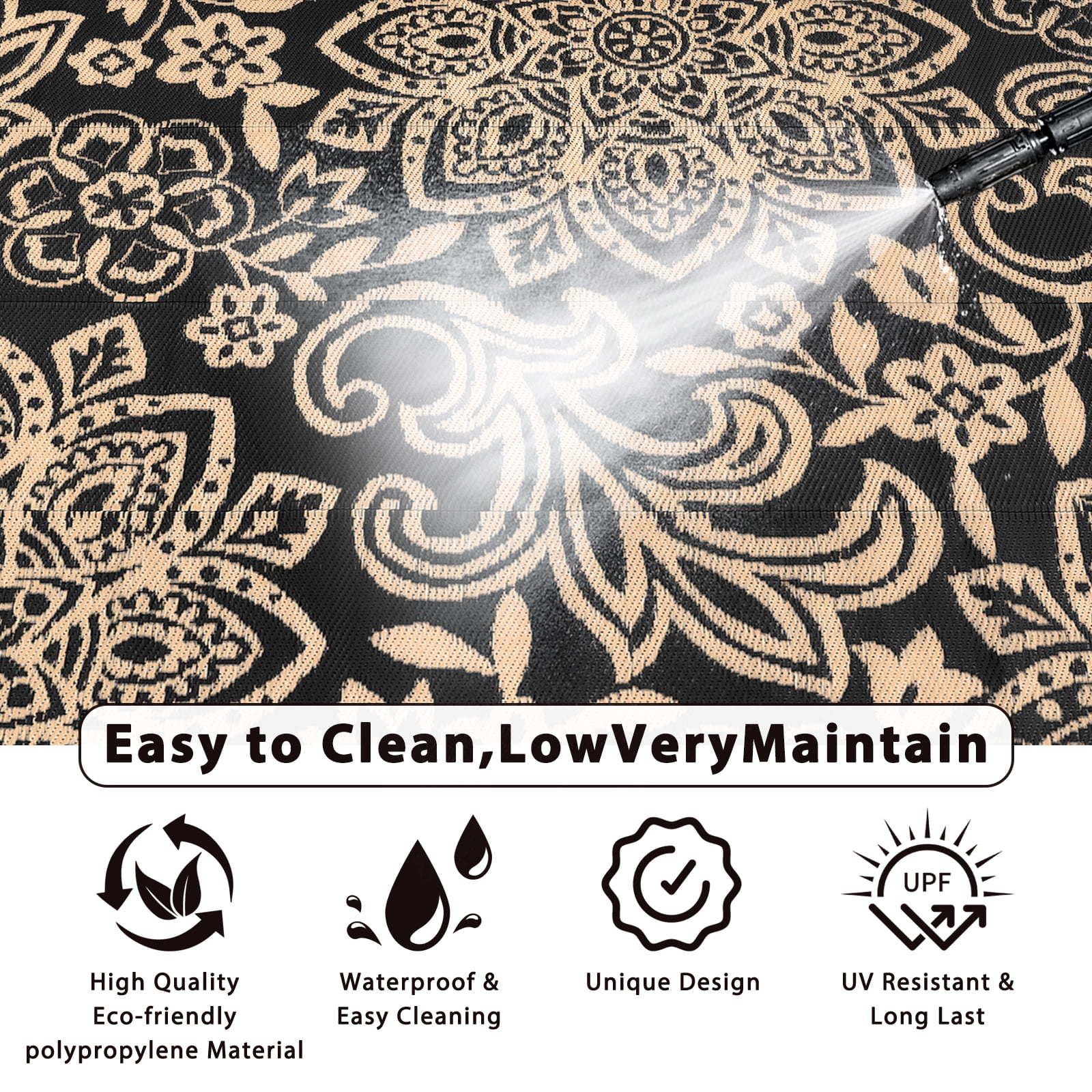 MJIAexp 6' x 9' Outdoor Rugs for Patio, Curved Geometric UV-Coated Waterproof RV Outdoor Rug, Reversible Plastic Straw Camping Rug Floor Mat for Backyard, Porch, Deck, Picnic, Beach Black-Gold