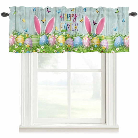 Easter Rod Pocket Curtain Valance, Spring Easter Eggs Bunny Butterflies Wooden Grain Farmhouse Window Valance for Living Room, Bedroom, Kitchen 42"W x 12"L