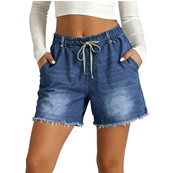 Pull On Elastic Jean Shorts for Women High Waisted Wide Leg Baggy Casual Denim Jorts Trendy Drawstring Summer Shorts, M