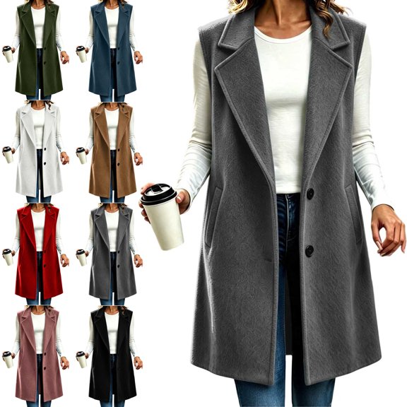 Mid-Length Vest for Women,Open Front Button,Solid Color Sleeveless Warm Winter Coat for Daily Wear