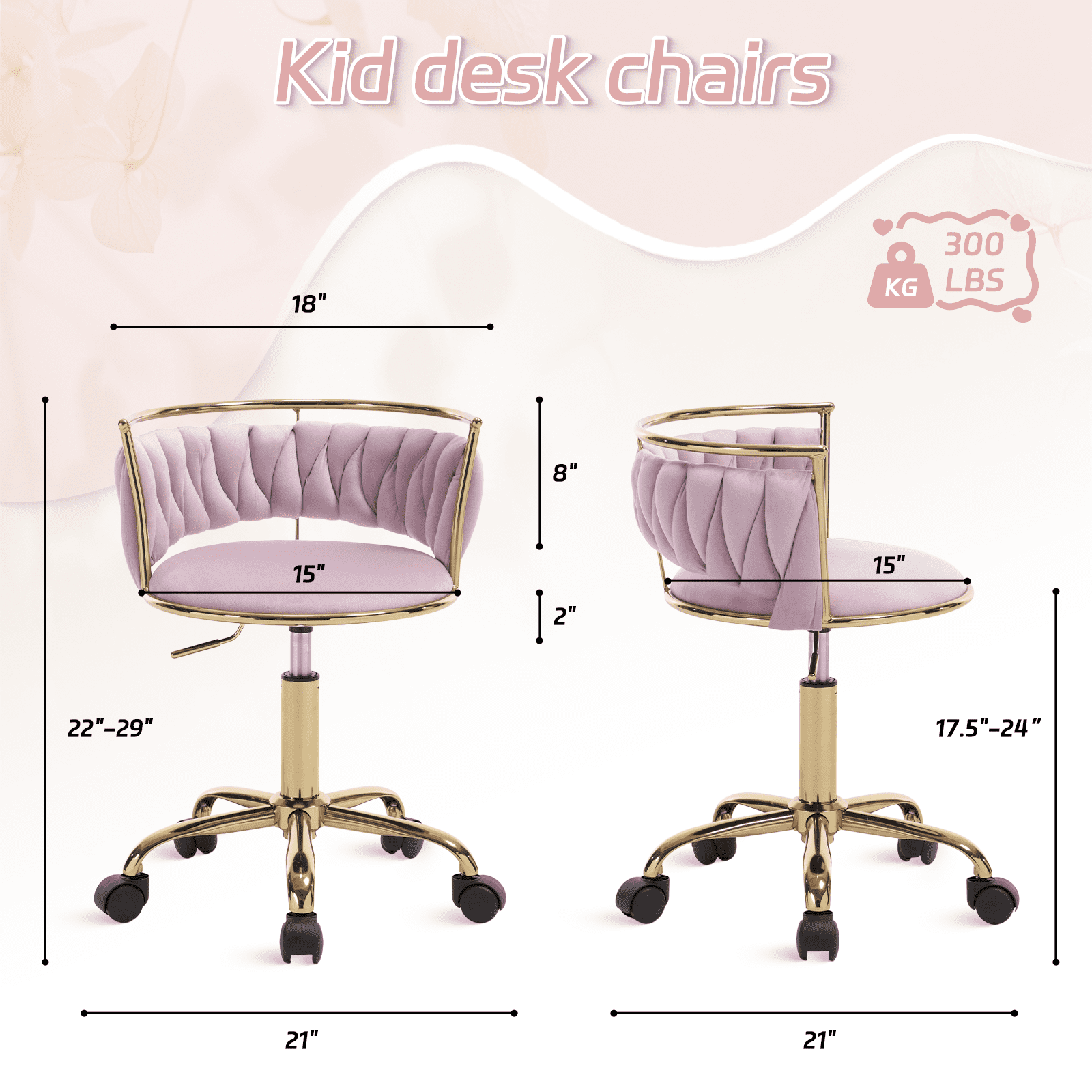 Guyou Kids Desk Chair, Velvet Rolling Swivel Children Chair, Adjustable Student Task Chair, Curved Woven Backrest Vanity Chair for Bedroom Dormitory Children Gifts, Light Purple