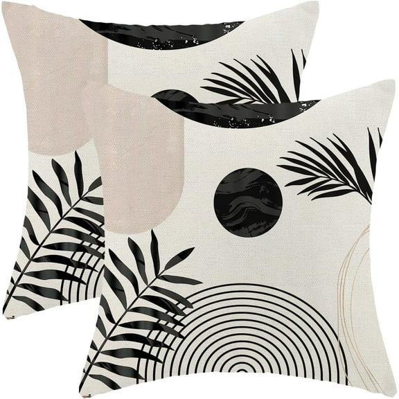 Boho Summer Pillow Covers 18 x 18 Inch, Black White Beige Leaf Decor Throw Pillows for Couch Bed, Modern Abstract Plant Outdoor Farmhouse Decorative Pillowcase Linen Cushion Cover Set of 2