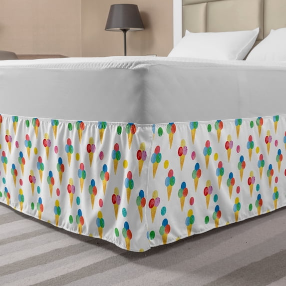 Ice Cream Bed Skirt, Yummy Refreshments of Summertime Triple Scoops on Waffle Cones with Grungy Look, Elastic Bedskirt Dust Ruffle Wrap Around for Bedding Decor, 4 Sizes, Multicolor, by Ambesonne