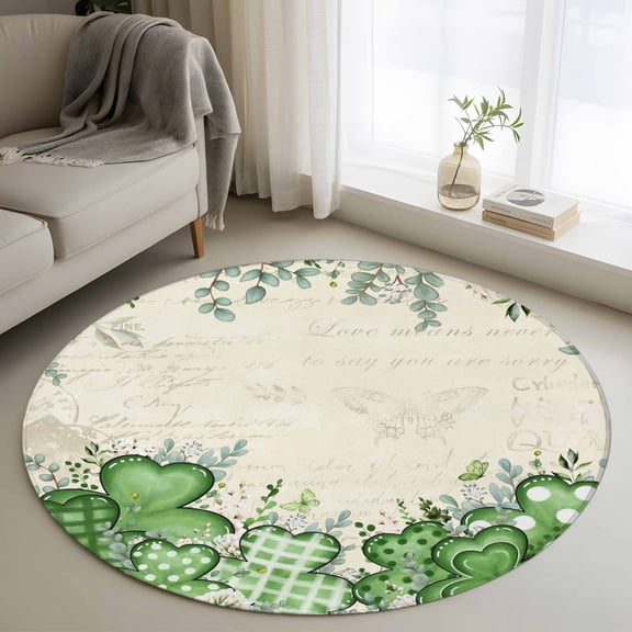 St. Patrick's Round Area Rug 3.3Ft Washable Circle Rugs for Dining Room Table, Lucky Shamrock Green Eucalyptus Floral Vintage Non-Slip Carpet Floor Mats Indoor Outdoor Carpet Runner Home Decor