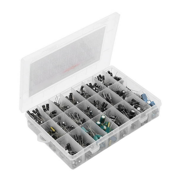 Kit de 630 condensadores electrolíticos de aluminio en caja surtida, 24 valores, 0,1 uF-1000 uF para bricolaje