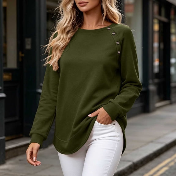 Warop Fall Long Sleeve Shirts for Women Solid Color Crew Neck Tops Sleeves with Deco Buttons Casual Loose Sweatshirt