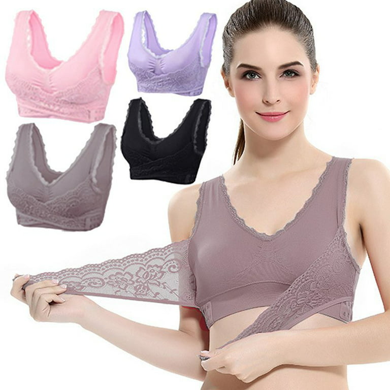 Womens Bras Cross Side Buckle without Wire Lace Gathered Front Closure Bra  Sports Underwear Sleep Bra