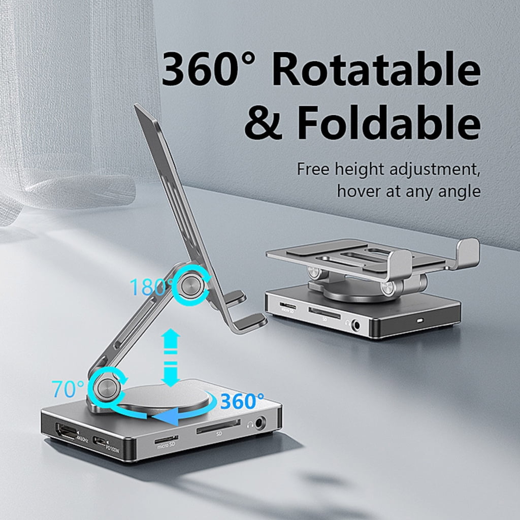 Foldable 8 in 1 USB C Hub Adapter 5Gbps Data Transfer 100W Fast Charging Rotatable Phone Stand Aluminum Construction