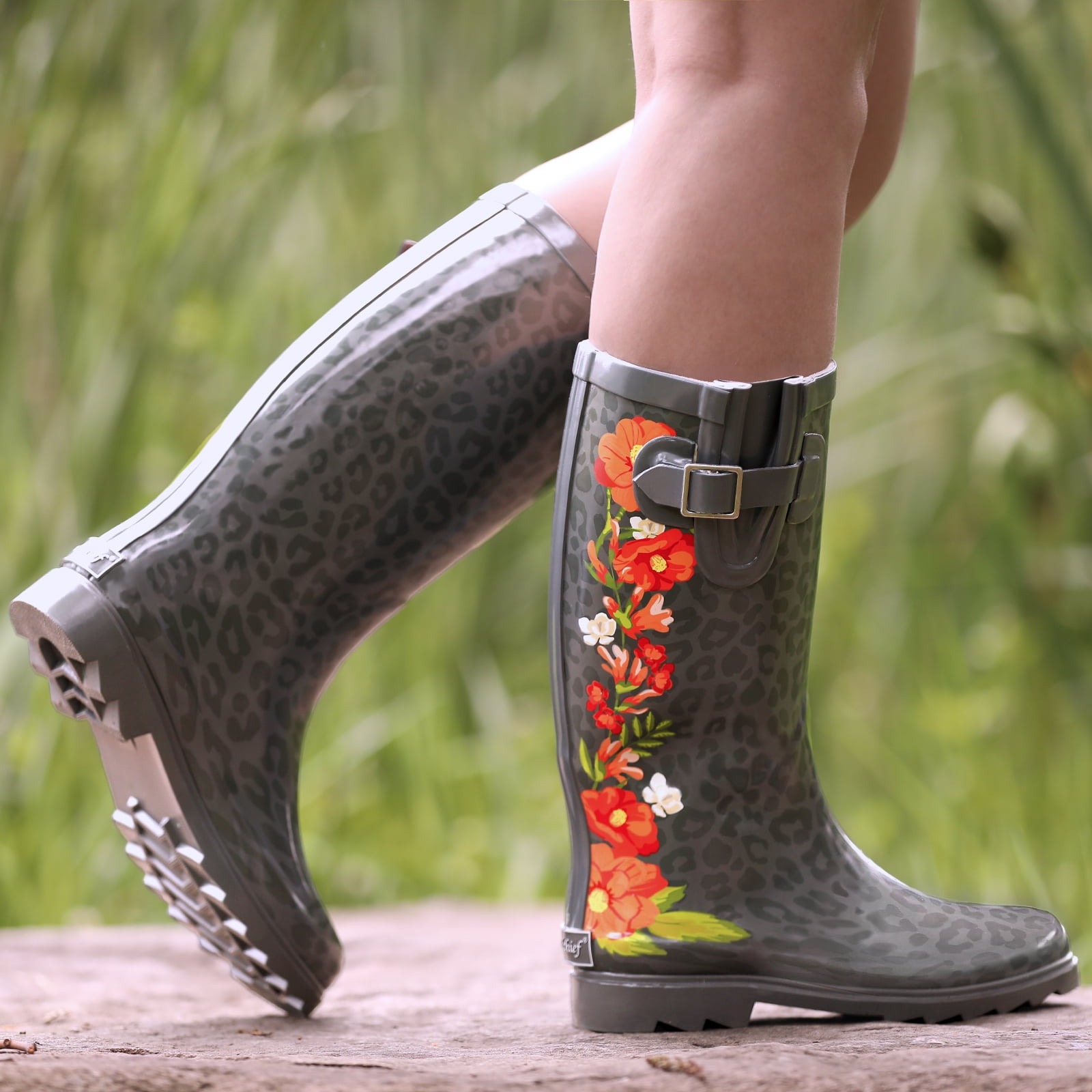 Landchief Women's Tall Waterproof Rubber Rain Boots for Garden, Size 7, Red Flowers