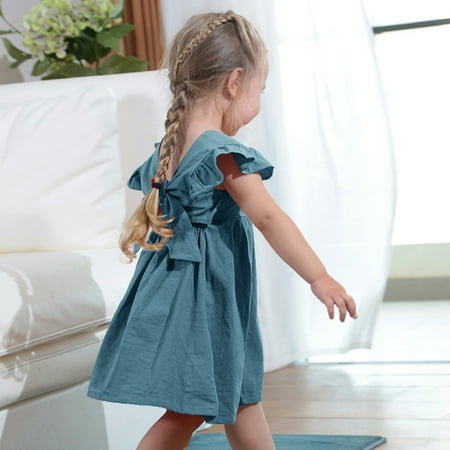 

B91xZ Spring Dress Toddler Kids Girls Solid Short Fly Sleeve Bowknot Tulle Ball Gown Dress Princess Clothes Blue Size 4-5 Years