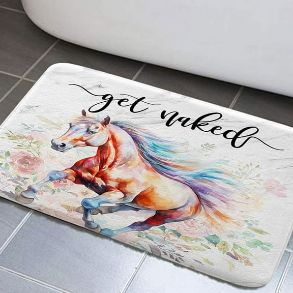 Horse Bathroom Rugs, Funny Get Naked Bathroom Rugs Farmhouse Country Non-Slip Bath Rugs Western Horse Bathroom Rugs Set Watercolor Flower Horse Bathroom Rug Mat 17x29inch, Soft Absorbent Bath Rugs