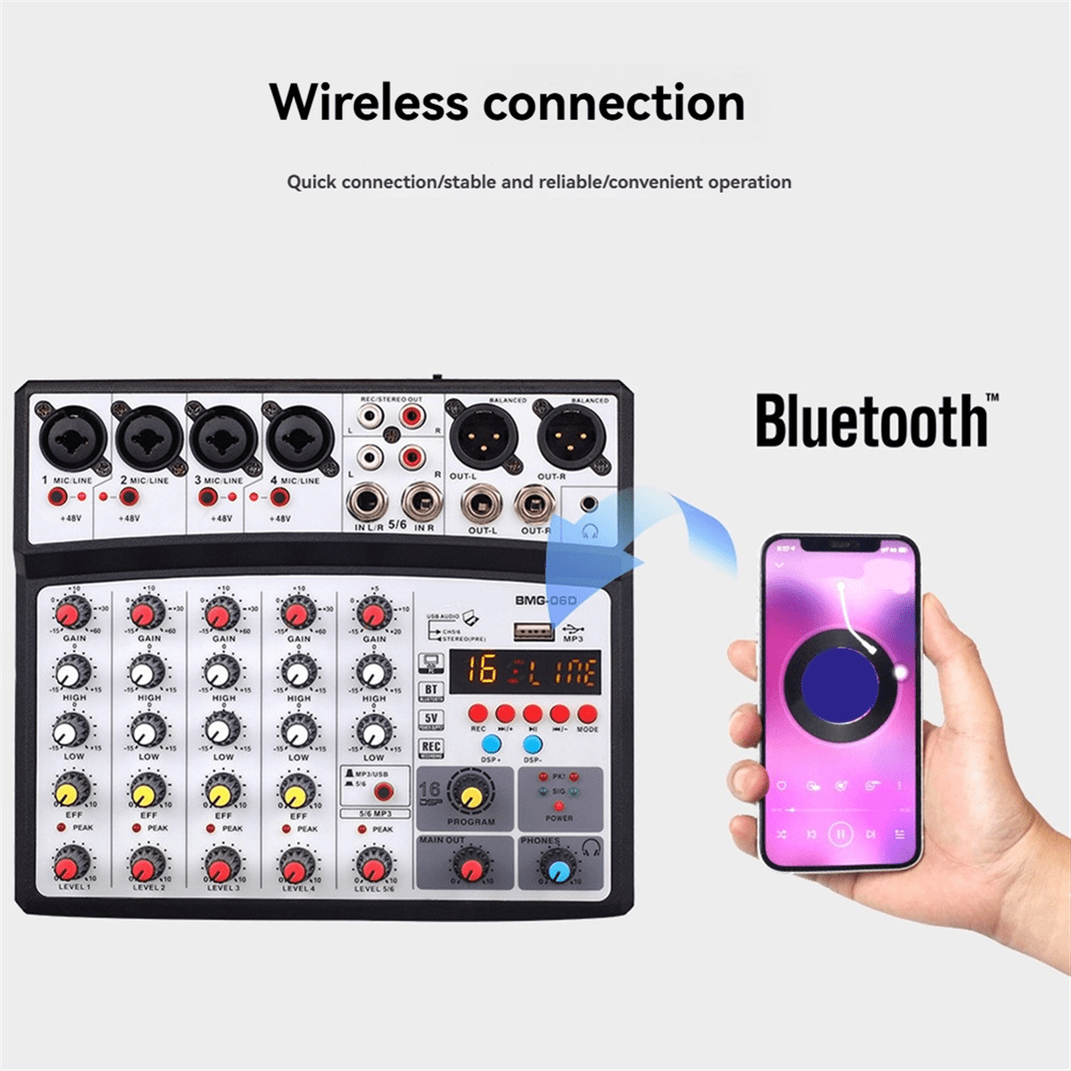 6 Channel Audio Mixer Portable Mixing Console USB Interface Sound Card with 99- 48V Phantom Power US Plug
