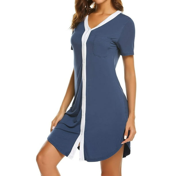 Women's Button Down Nightgown, Short Sleeve Nightshirt VNeck Sleepwear