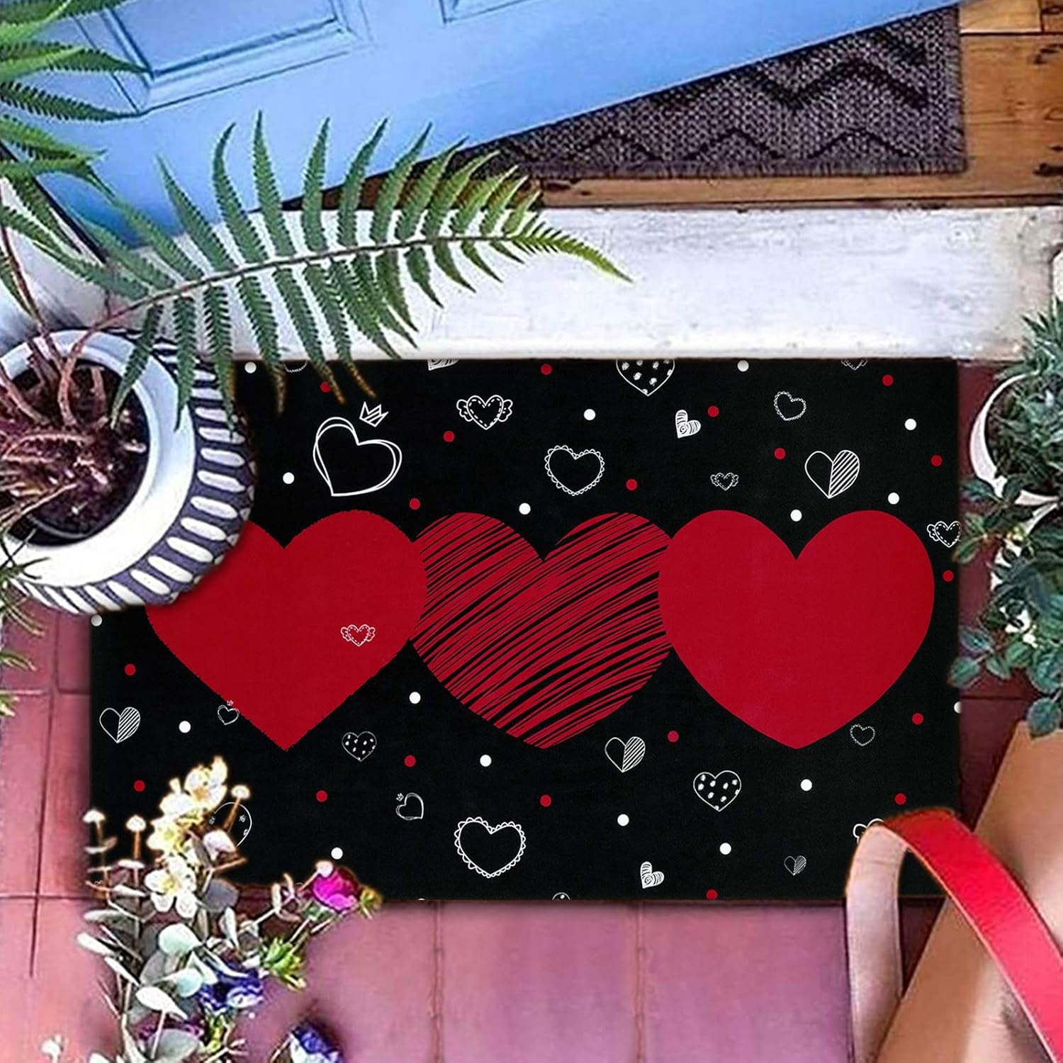 Valentine''s Day Area Rug, Red Heart Doormat, Love Heart with Black Background Floor Mat with Rubber Backing Non-Slip for Bedroom Living Room Valentines Decoration Gift, 18 x 30 Inch