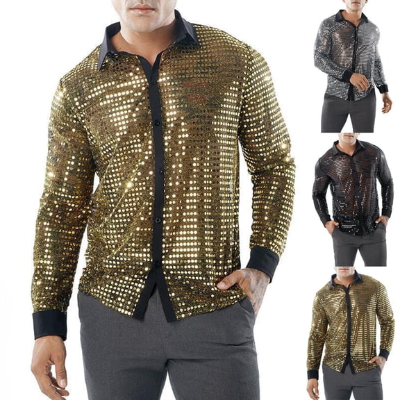 Mens Disco Shirt Outfit Retro 70s 80s Shirts for Men Sequin Glitter Long Sleeve Button Down Disco Outfits Party Costume Clubwear Gold