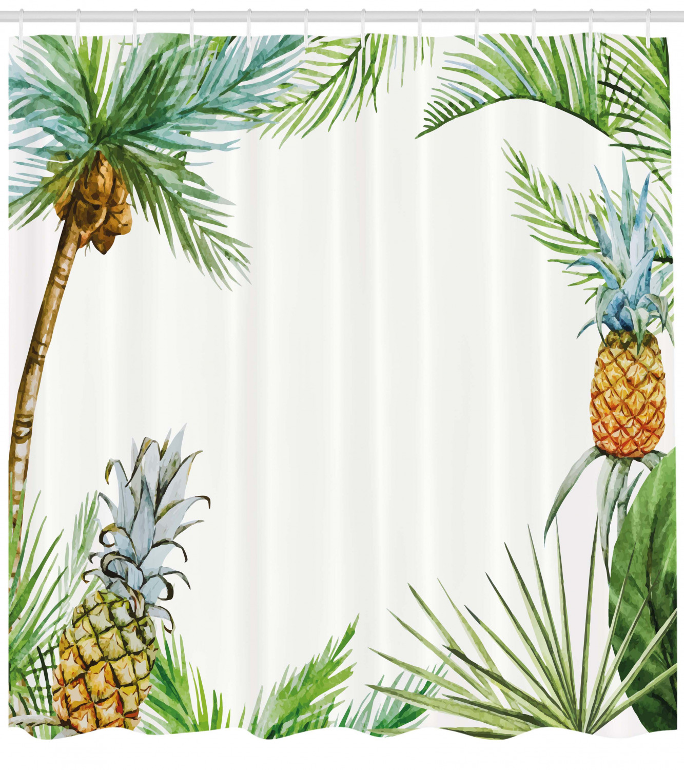 Pineapple Shower Curtain, Watercolor Tropical Island Style Border Print Exotic Fruit Palm Trees